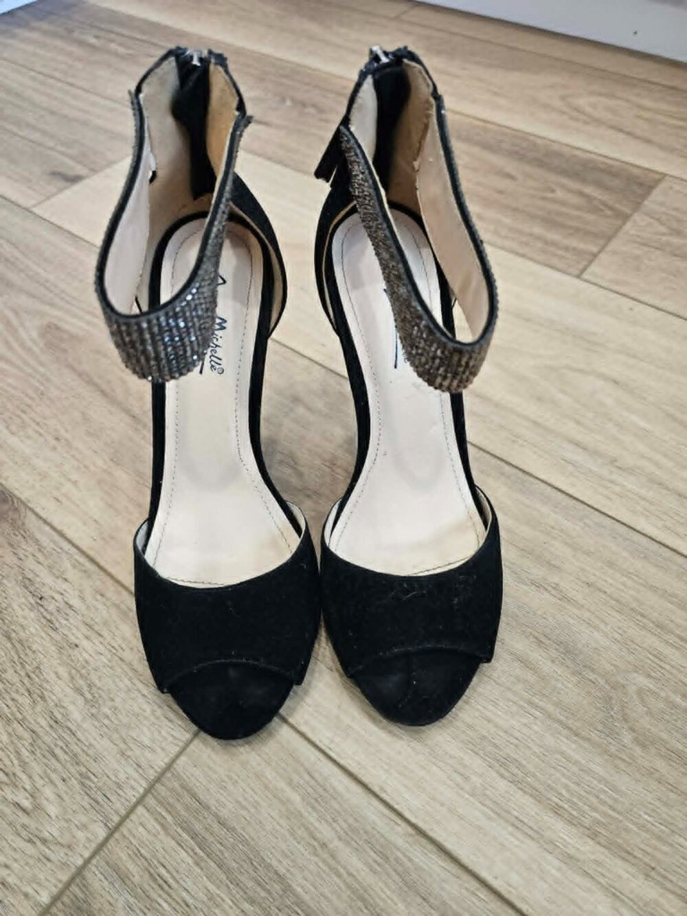Anne Michelle  Suede Open-toe heels  Black  w/rhinestone ankle  Women  size 7